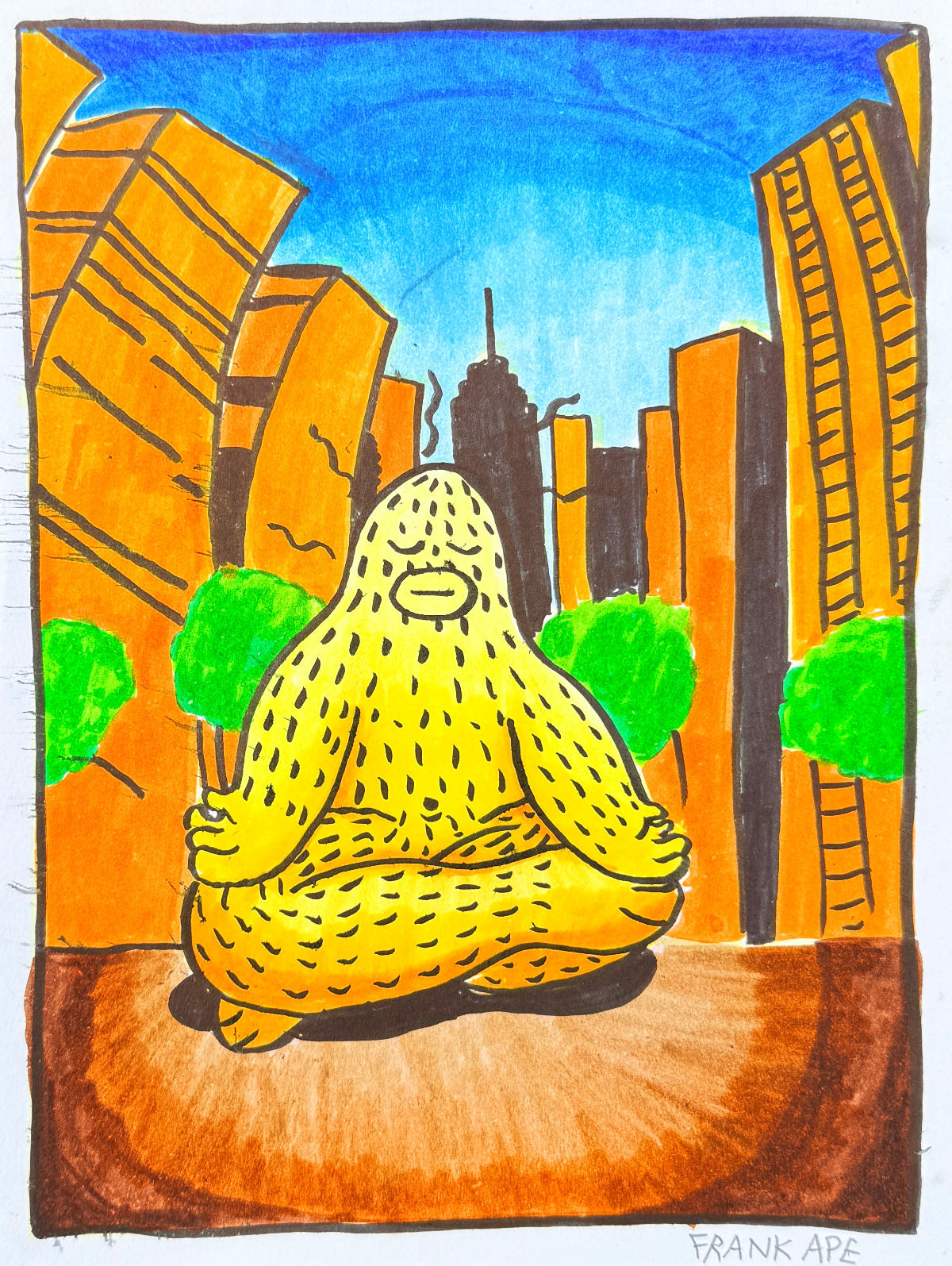 Original watercolor of Frank Ape (yeti) character in a cityscape with buildings and trees meditating.