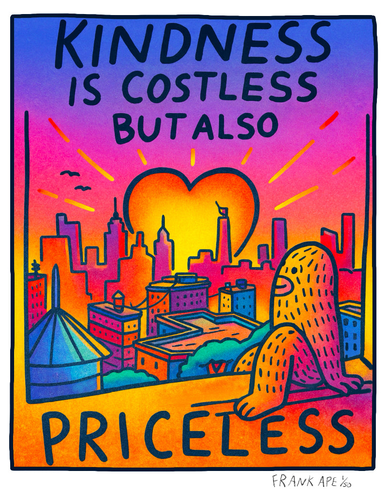 Colorful image by Frank Ape of a sun that looks like a heart rising over a city landscape with the quote "Kindness is costless but also priceless"