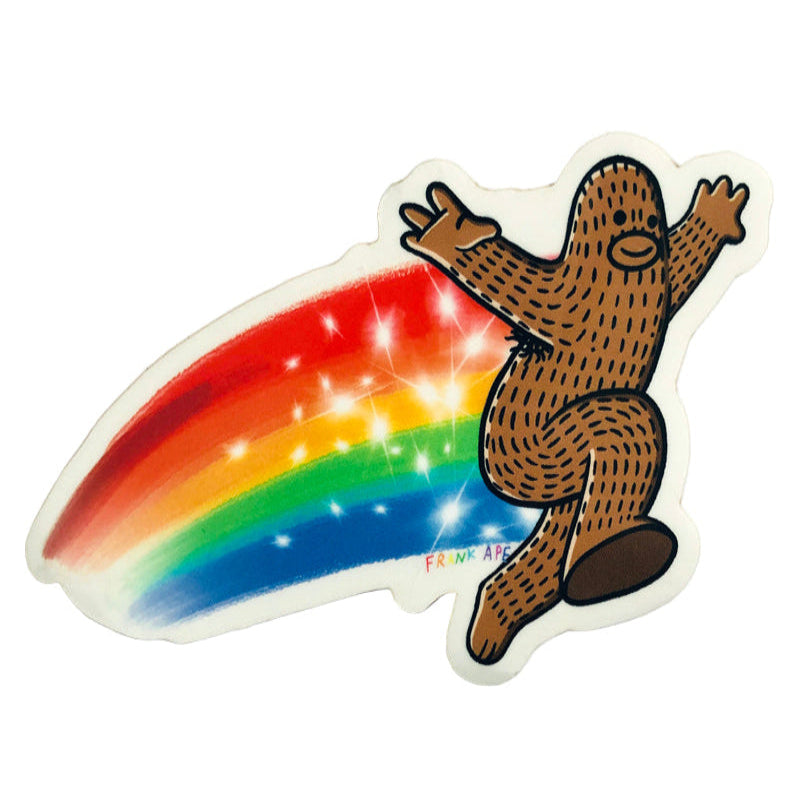 Jumping happy sasquatch with a magical rainbow trail.