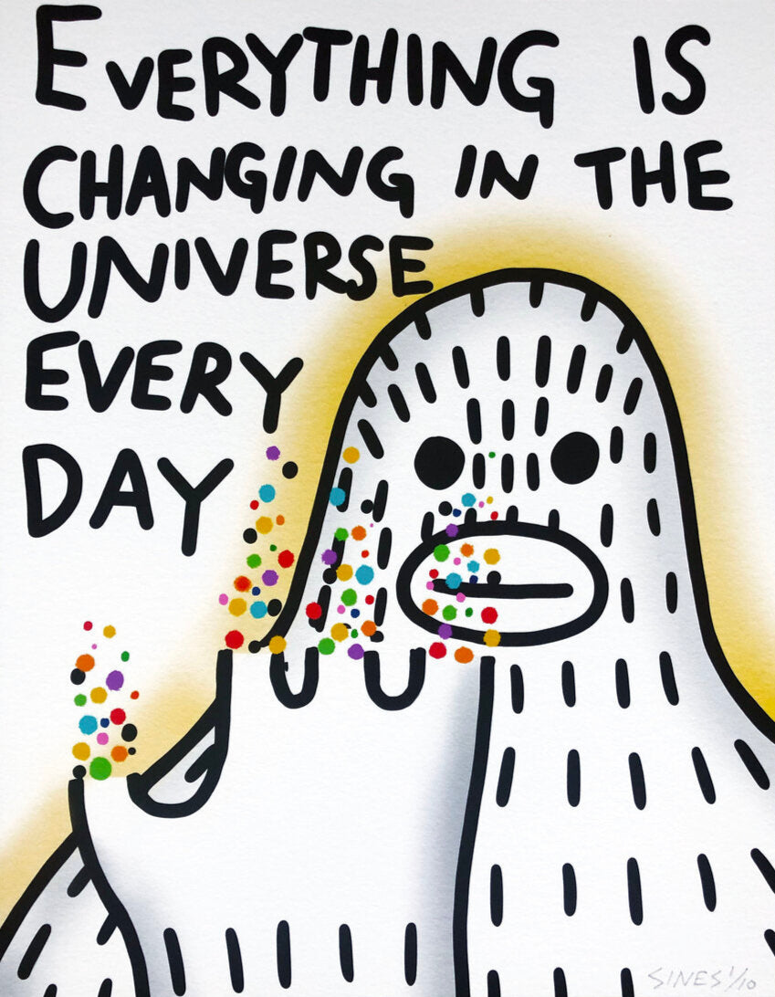 Cool image of a magical yeti with a hand disappearing into colorful particles with the text "Everything is Changing in the Universe Every Day"