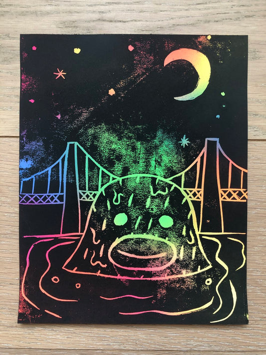Night Swim - Hand painted with Linocut