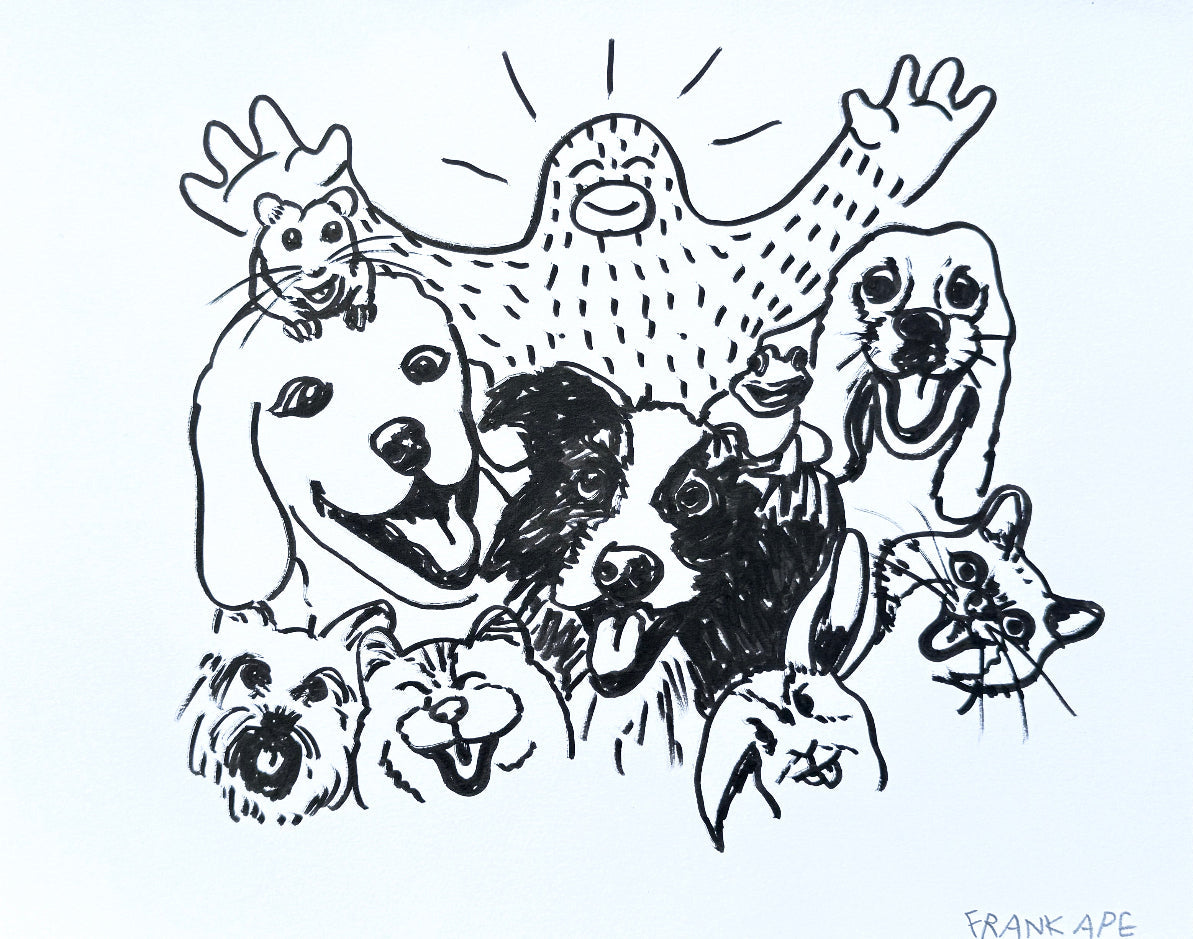 Black and white ink drawing of a group of animals (dogs, frog, rabbit, cat, mouse) with a central figure Frank Ape (a yeti), signed by 'Frank Ape'.