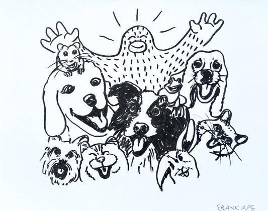 Black and white ink drawing of a group of animals (dogs, frog, rabbit, cat, mouse) with a central figure Frank Ape (a yeti), signed by 'Frank Ape'.