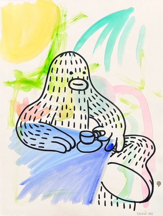 Frank Ape (a Yeti) is sitting enjoying a coffee and having caffeine dreams.