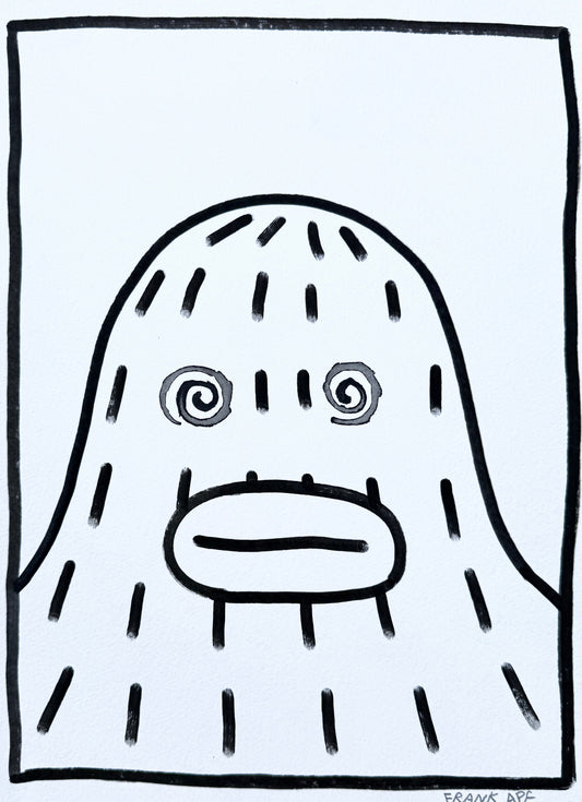 Black and white line drawing of Frank Ape (sasquatch) with spiral eyes and a mouth on a white background.