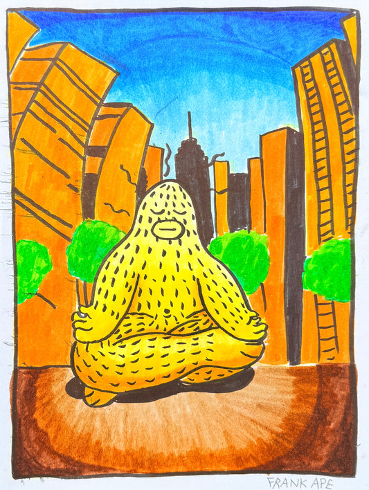 Original watercolor of Frank Ape (yeti) character in a cityscape with buildings and trees meditating.