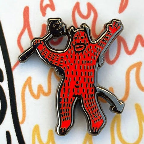 Hard enamel pin of a cartoon devil. Sasquatch Frank Ape as a playful devil. 