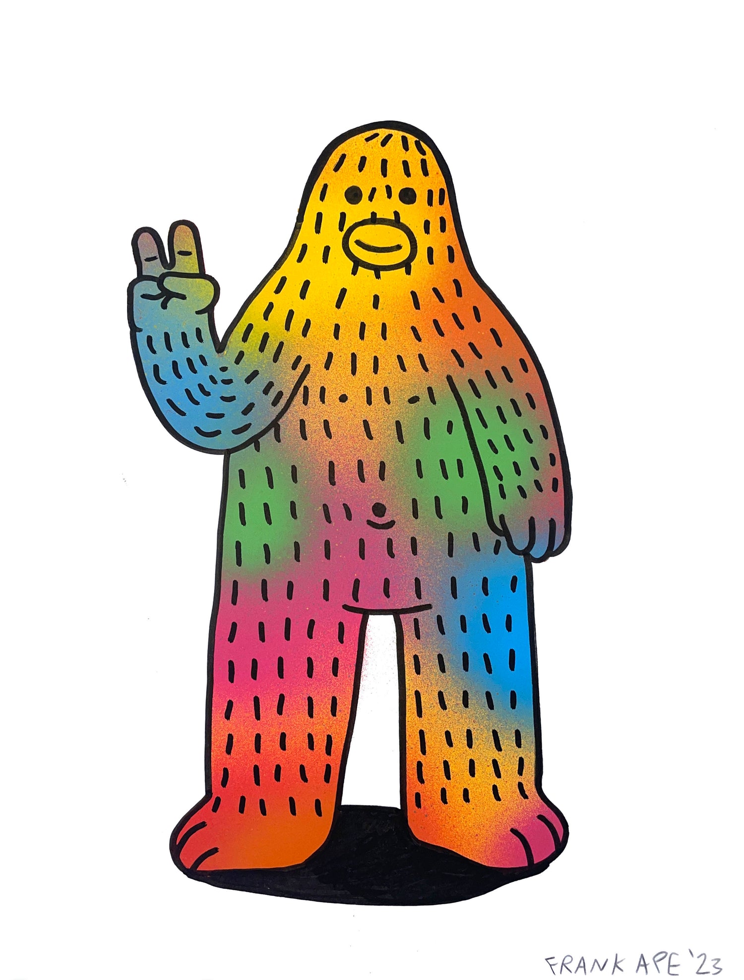 Frank Ape with Rainbow Aura holding up a peace sign
