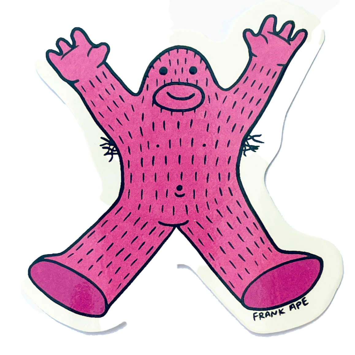 Pink cartoon character with arms outstretched on a white background, signed 'Frank Ape'. Cartoon ape sasquatch jumping feeling awesome.