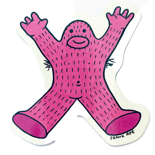 Pink cartoon character with arms outstretched on a white background, signed 'Frank Ape'. Cartoon ape sasquatch jumping feeling awesome.