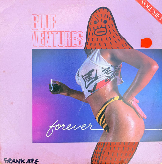 Collage original work of art using an abum cover with a person in a bikini holding a drink, text 'Blue Ventures', and 'forever' on a colorful background.