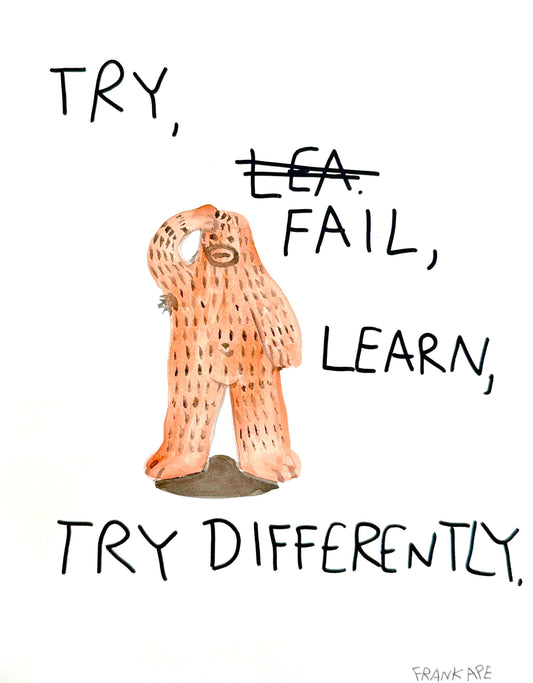 Watercolor painting of Frank Ape (Yeti) with text 'Try, Fail, Learn, Try Differently' on a white background