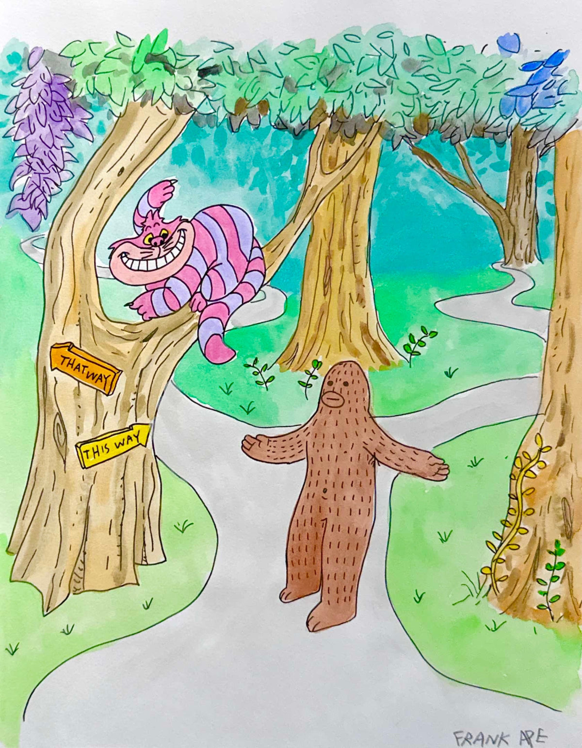 Watercolor and ink painting of Frank Ape and Cheshire Cat in a forest setting with 'This Way' signs.