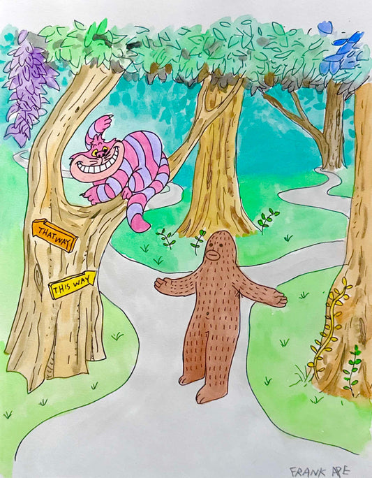 Watercolor and ink painting of Frank Ape and Cheshire Cat in a forest setting with 'This Way' signs.