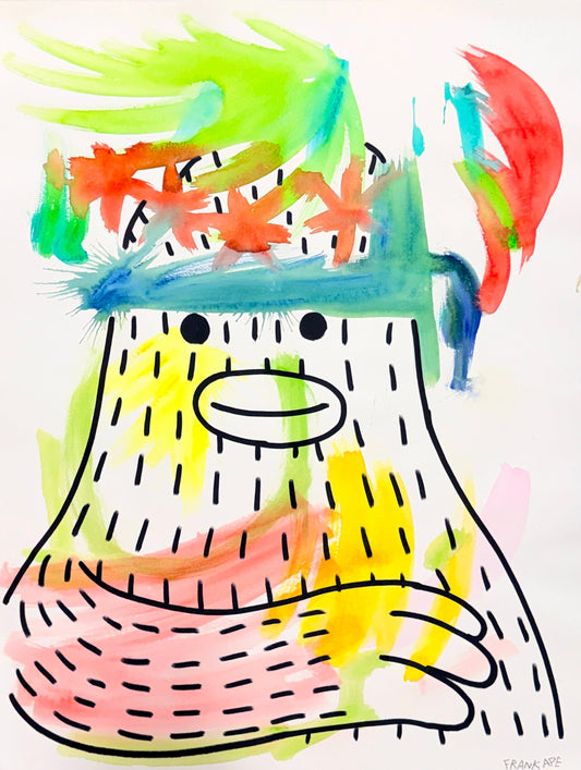 Colorful abstract drawing of Frank Ape with his head opening up and colorful energy waves emerging.