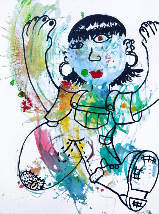 Watercolor and ink painting of a girl with overalls and boots by artist Frank Ape. Gestural abstract splashes and bold pop inspired lines.