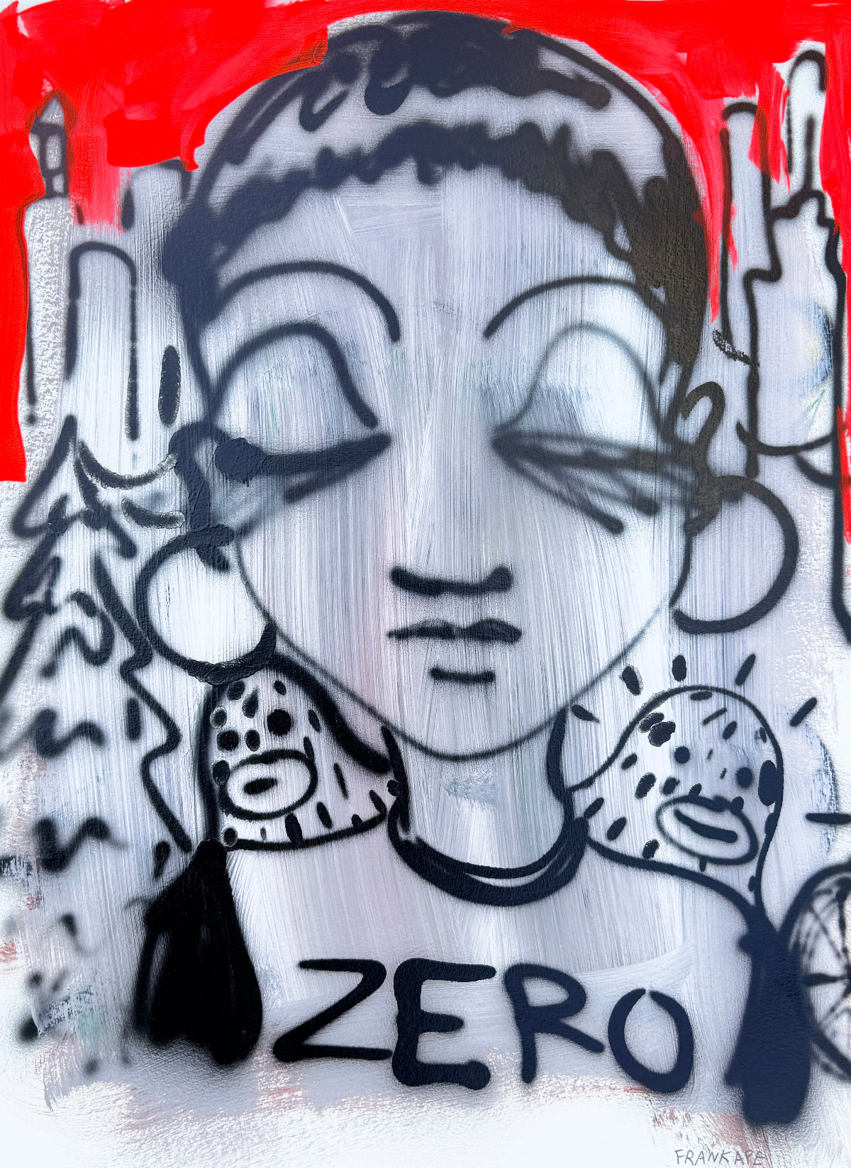 Image of a girl wearing a ZERO shirt with hoop earrings and big eyelahes. Two Frank Ape characters over her shoulders. Urban skyline and red sky.
