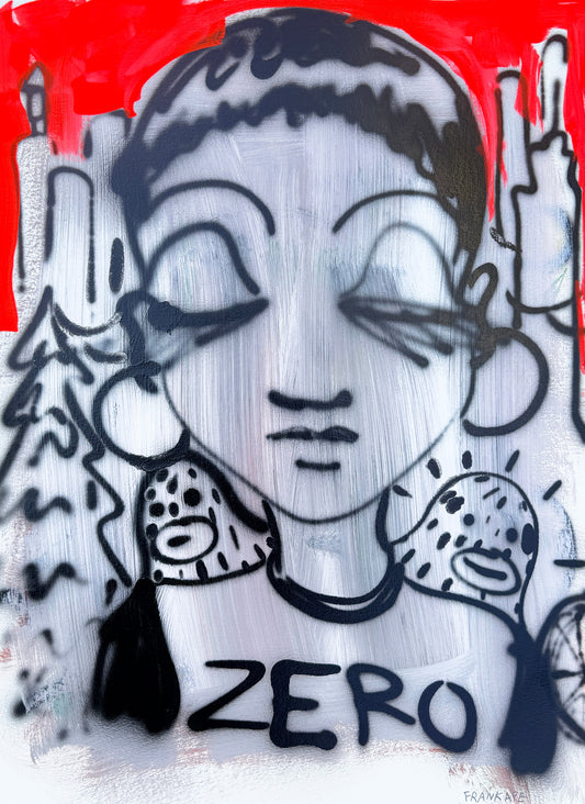 Image of a girl wearing a ZERO shirt with hoop earrings and big eyelahes. Two Frank Ape characters over her shoulders. Urban skyline and red sky.
