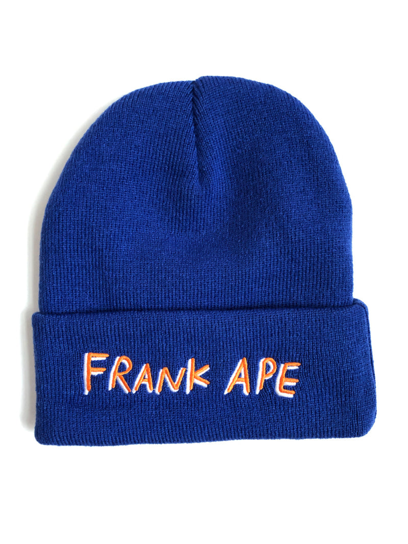 Frank Ape double sided embroidered beanie. This photo shows the side with Frank Ape signature text. Blue hat with white and orange stitching on this side.