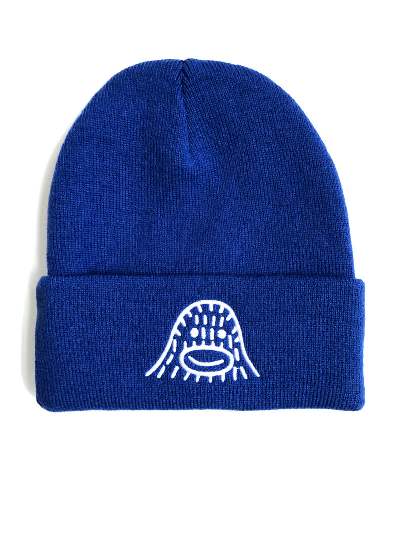 Frank Ape double sided embroidered beanie. This photo shows the side with Frank Ape's Face. Blue hat with white sticthing on this side.